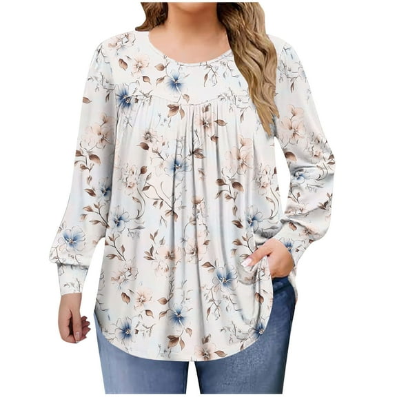 QQAMB Shirts for Women Plus Size Fall Dressy Casual Blouses Trendy Pleated Floral Printed Long Sleeve Tunic Tops