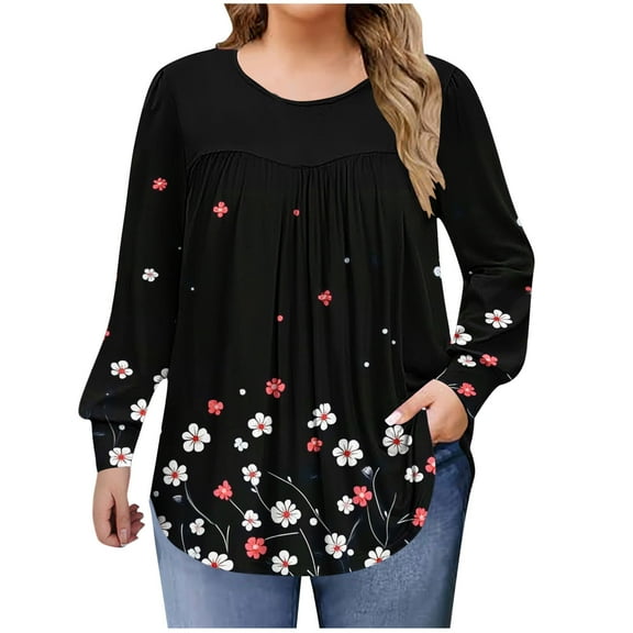 QQAMB Shirts for Women Plus Size Fall Dressy Casual Blouses Trendy Pleated Floral Printed Long Sleeve Tunic Tops