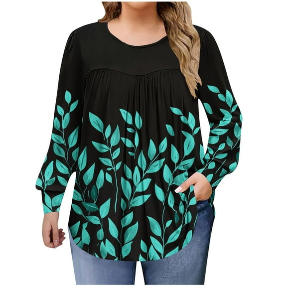 QQAMB Shirts for Women Plus Size Fall Dressy Casual Blouses Trendy Pleated Floral Printed Long Sleeve Tunic Tops