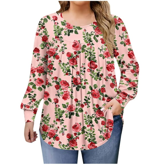 QQAMB Shirts for Women Plus Size Fall Dressy Casual Blouses Trendy Pleated Floral Printed Long Sleeve Tunic Tops