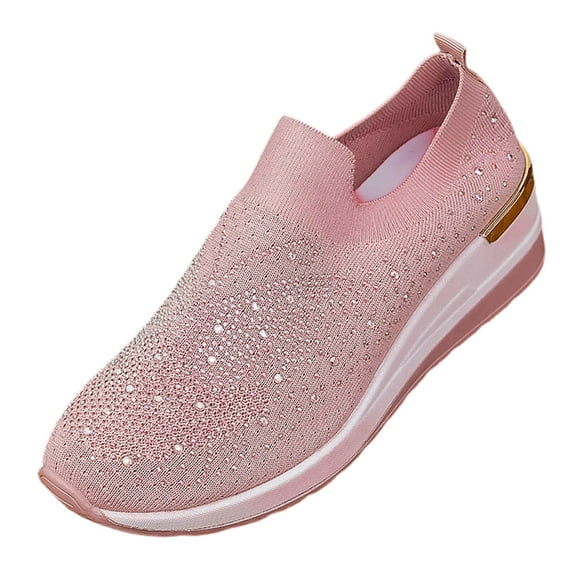 QQAMB Sparkly Sneakers for Women Breathable Knit Wedge Heel Bling Rhinestone Casual Shoes Round Toe Slip on Walking Running Athletic Shoes