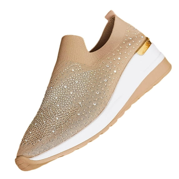 QQAMB Sparkly Sneakers for Women Breathable Knit Wedge Heel Bling Rhinestone Casual Shoes Round Toe Slip on Walking Running Athletic Shoes