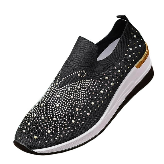 QQAMB Sparkly Sneakers for Women Breathable Knit Wedge Heel Bling Rhinestone Casual Shoes Round Toe Slip on Walking Running Athletic Shoes
