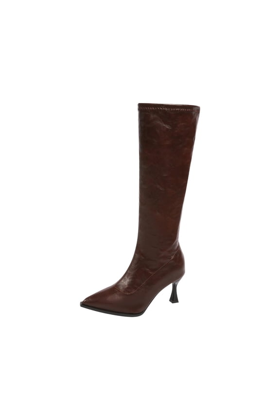 Stiletto Boots for Women Faux Leather Pointed Toe Boot Winter Fall Elegant Trendy Shoe Plain Shoes