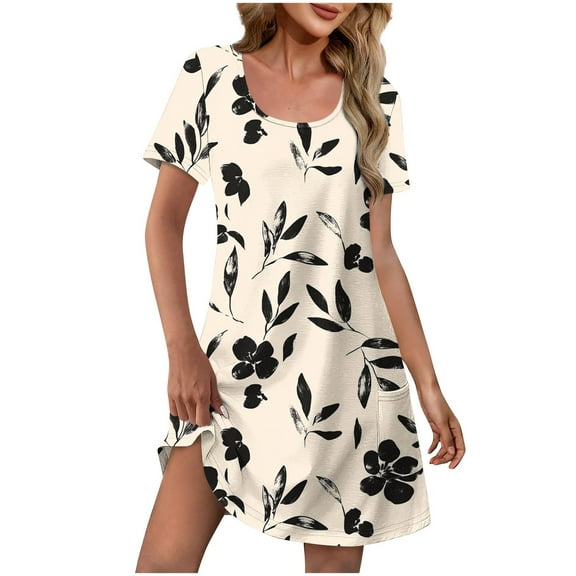 QQAMB Summer Dresses for Women Casual Sundress with Pocket Summer Beach Short Sleeve Knee Length Dresses Beige L