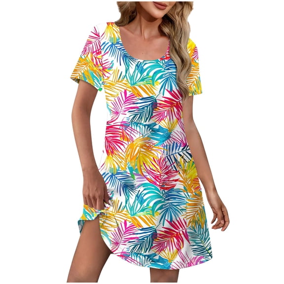 QQAMB Summer Dresses for Women Casual Sundress with Pocket Summer Beach Short Sleeve Knee Length Dresses Multicolor 2XL
