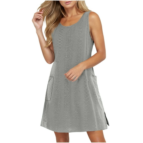 QQAMB Summer Dresses for Women Swimsuit Coverups Casual Loose Sundresses Sleeveless Eyelet Tank Dresses with Pockets Gray XL