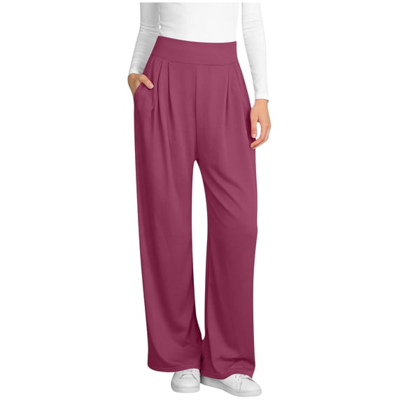 QQAMB Sweatpants for Women Wide Leg High Waisted Sweatpant with Pockets Casual Lounge Trousers Elastic Waist Pull On Pants Wine L
