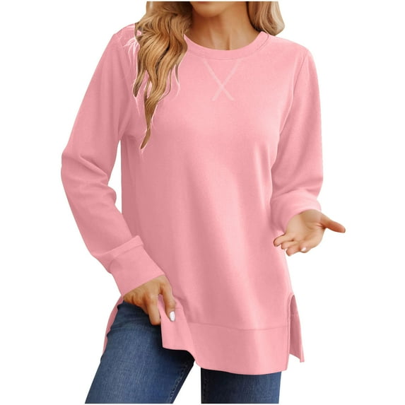 QQAMB Sweatshirt for Women Side Split Crewneck Solid Color Long Sleeve Fall Winter Trendy Pullover Tops Pink XL