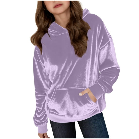 QQAMB Sweatshirts for Girls Velour Fall Winter Warm Soft Pullover Sweatshirts Oversized Teen Fleece Fuzzy Tops with Pockets,12 Years