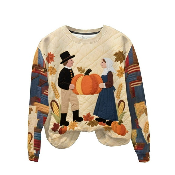 QQAMB Sweatshirts for Women Men Thanksgiving Day Pumpkin Printed Crewneck Fall Trendy Unisex Pullover Tops Multicolor 2XL
