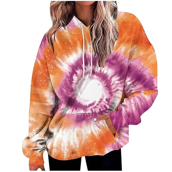 QQAMB Sweatshirts for Women Tie Dye Printed Drawstring Fall Winter Trendy Hoodies Sweatshirts with Pocket