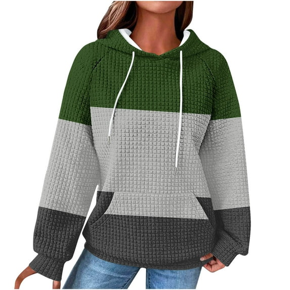 QQAMB Sweatshirts for Women Waffle Color Block Drawstring Long Sleeve Hoodies Sweatshirts with Pocket Green 2XL