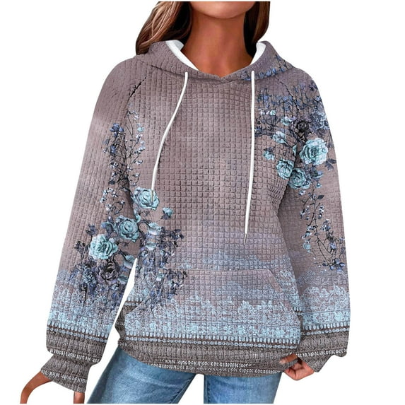 QQAMB Sweatshirts for Women Waffle Floral Printed Drawstring Long Sleeve Hoodies Sweatshirts with Pocket Blue M