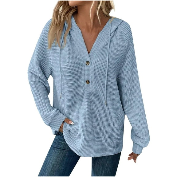 QQAMB Sweatshirts for Women Waffle Knit V-Neck Button Solid Color Drawstring Fall Trendy Thin Hoodies Sweatshirts