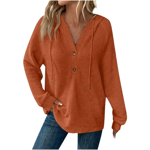QQAMB Sweatshirts for Women Waffle Knit V-Neck Button Solid Color Drawstring Fall Trendy Thin Hoodies Sweatshirts