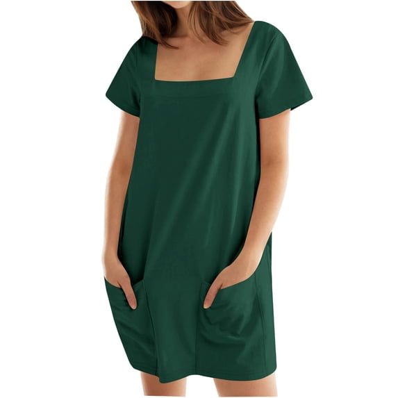 DeHolifer T-Shirt Dress Women Summer Short Sleeve Square Neck Mini Dress Casual Cute Shift Vacation Beach Dress with Pockets Army Green S
