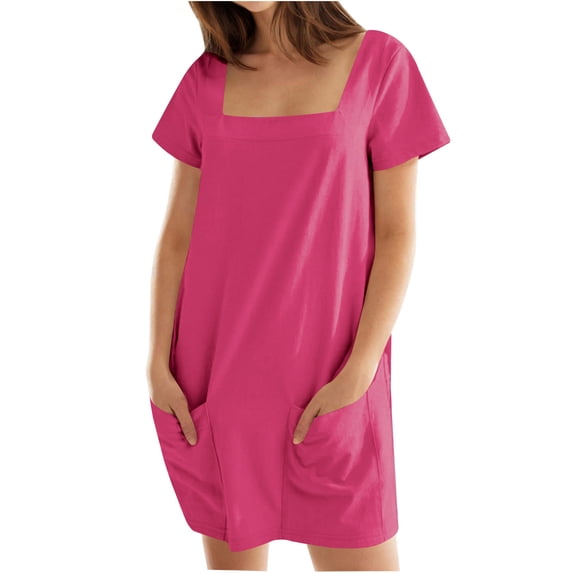 DeHolifer T-Shirt Dress Women Summer Short Sleeve Square Neck Mini Dress Casual Cute Shift Vacation Beach Dress with Pockets Hot Pink L