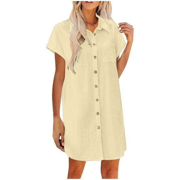 QQAMB T-Shirt Dress for Women, Cotton Linen Casual Loose Summer Button Down Mini Dresses Short Sleeve Lapel Vacation Tops Beige M