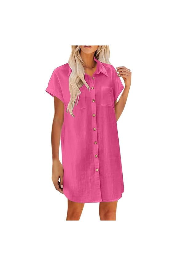 T-Shirt Dress for Women, Cotton Linen Casual Loose Summer Button Down Mini Dresses Short Sleeve Lapel Vacation Tops Hot Pink XL