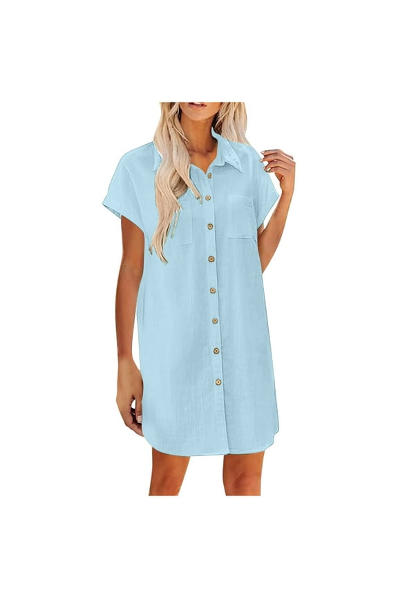 T-Shirt Dress for Women, Cotton Linen Casual Loose Summer Button Down Mini Dresses Short Sleeve Lapel Vacation Tops Light Blue XL