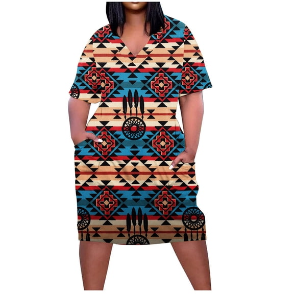 QQAMB T-Shirt Dresses for Women Plus Size African Attire Dress V-Neck Midi T-Shirt Sundress Oversized Dresses with Pocket Navy XL