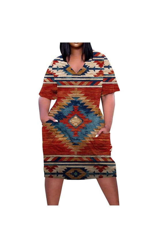 QQAMB T-Shirt Dresses for Women Plus Size African Attire Dress V-Neck Midi T-Shirt Sundress Oversized Dresses with Pocket Wine 2XL