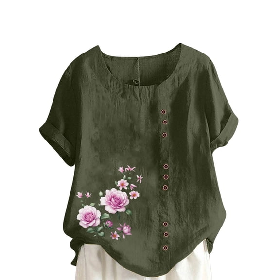 QQAMB T-Shirt for Women Plus Size Summer Cotton Linen Floral Prined Short Sleeve Blouse Casual Loose Shirts Army Green 5XL