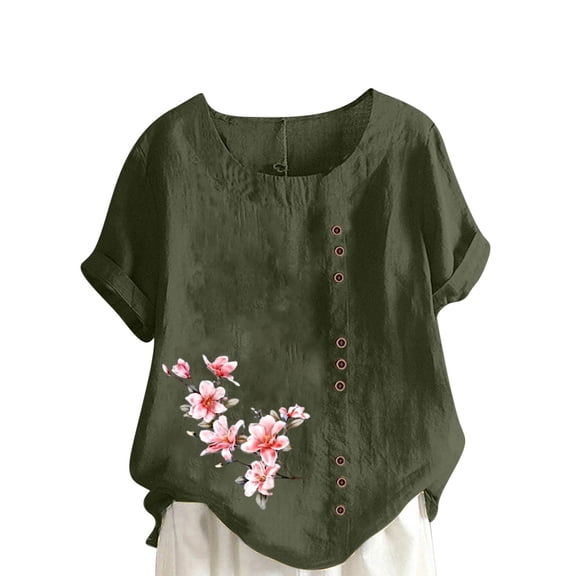 QQAMB T-Shirt for Women Plus Size Summer Cotton Linen Floral Prined Short Sleeve Blouse Casual Loose Shirts Army Green M