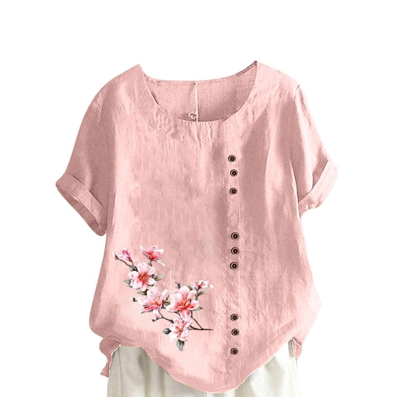 QQAMB T-Shirt for Women Plus Size Summer Cotton Linen Floral Prined Short Sleeve Blouse Casual Loose Shirts Pink 5XL