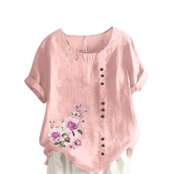 QQAMB T-Shirt for Women Plus Size Summer Cotton Linen Floral Prined Short Sleeve Blouse Casual Loose Shirts Pink L