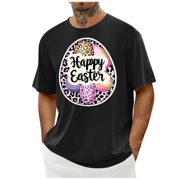 QQAMB T-Shirts for Men Happy Easter Bunny Tee Easter Basket Eggs Crewneck Lightweight Casual T-Shirt Black 2XL