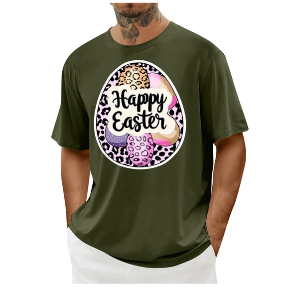 QQAMB T-Shirts for Men Happy Easter Bunny Tee Easter Basket Eggs Crewneck Lightweight Casual T-Shirt Green 2XL
