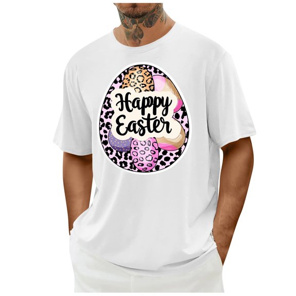 QQAMB T-Shirts for Men Happy Easter Bunny Tee Easter Basket Eggs Crewneck Lightweight Casual T-Shirt White S