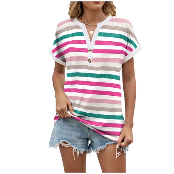QQAMB T-Shirts for Women V-Neck Button Short Sleeve Graphic Tees Loose Pullover Basic Tops Pink 2XL