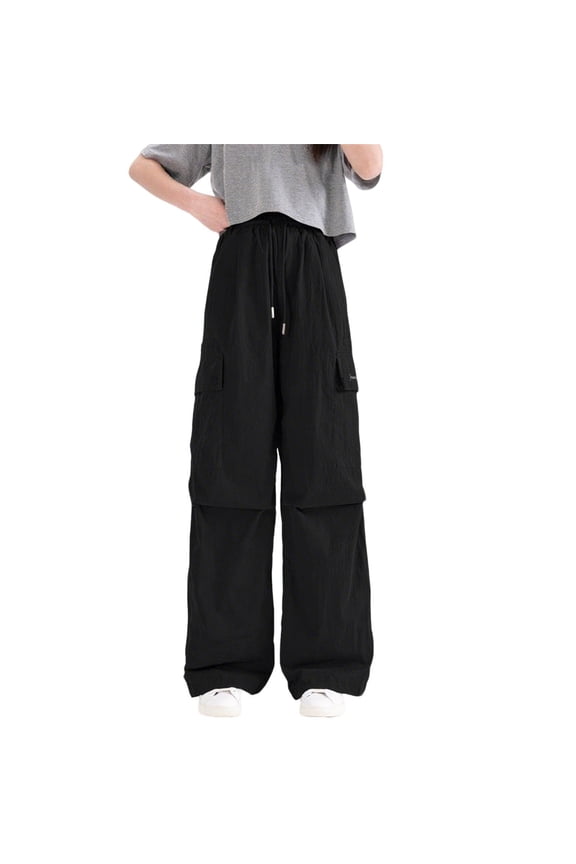 QQAMB Teen Girls Cargo Pants Baggy Wide Leg Elastic Waisted Solid Color Streetwear Cargo Pants with Pockets,11 Years