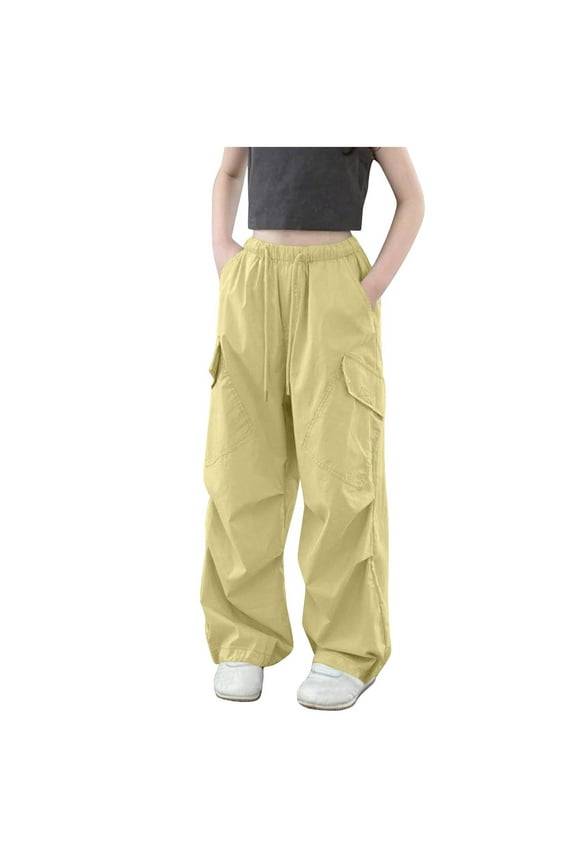 Teen Girls Cargo Pants Baggy Wide Leg Elastic Waisted Solid Color Streetwear Cargo Pants with Pockets,12 Years