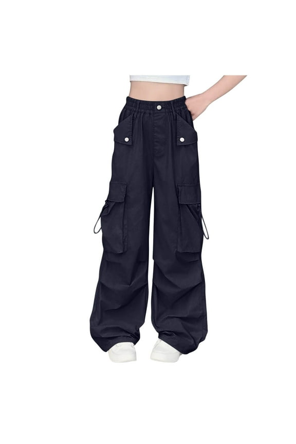 Teen Girls Cargo Pants Baggy Wide Leg Elastic Waisted Solid Color Streetwear Cargo Pants with Pockets,14 Years