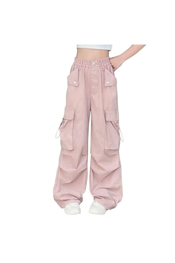Teen Girls Cargo Pants Baggy Wide Leg Elastic Waisted Solid Color Streetwear Cargo Pants with Pockets,5 Years