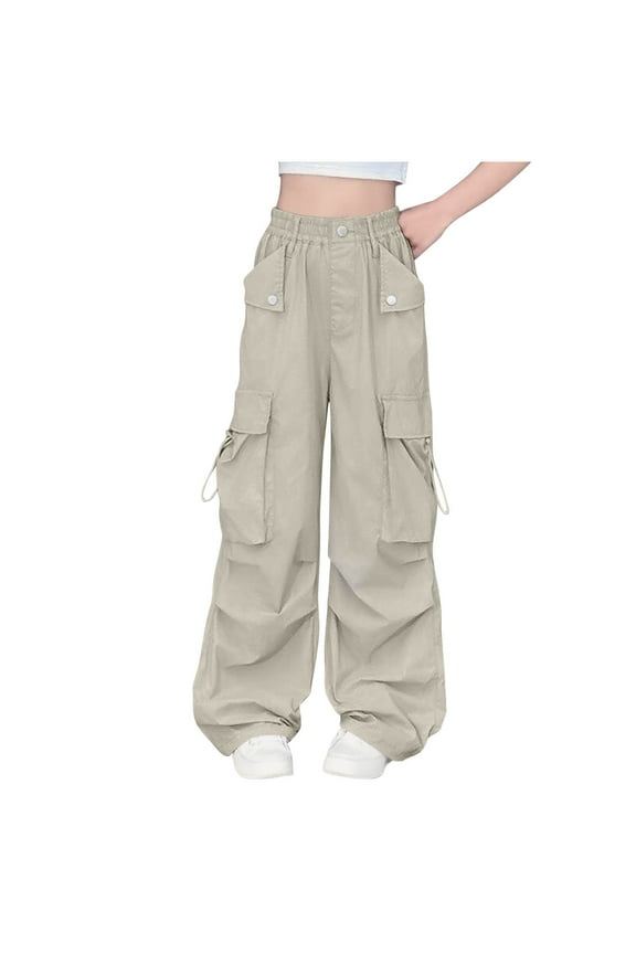 Teen Girls Cargo Pants Baggy Wide Leg Elastic Waisted Solid Color Streetwear Cargo Pants with Pockets,7 Years