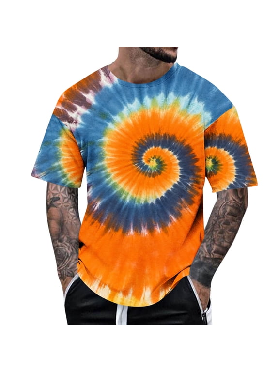 Tie Dye Shirt for Men Plus Size Colorful Graphic T-Shirts Summer Lightweight Oversized Tee Tops Orange 2XL