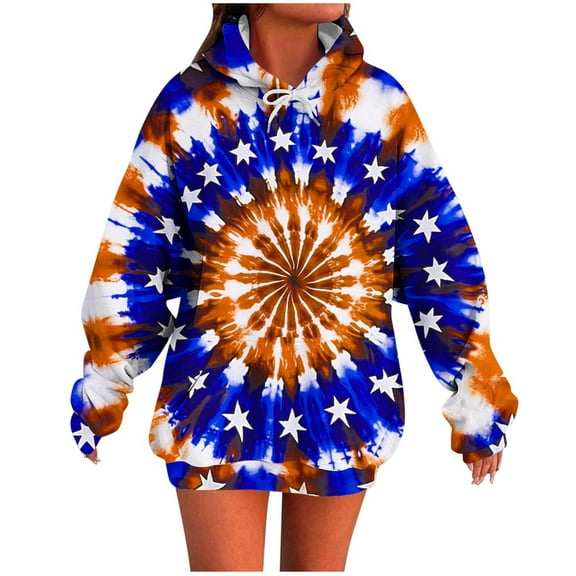 QQAMB Tie Dye Sweatshirts for Women Fall Trendy Drawstring Long Sleeve Hoodies Sweatshirts with Pocket Dark Blue 2XL