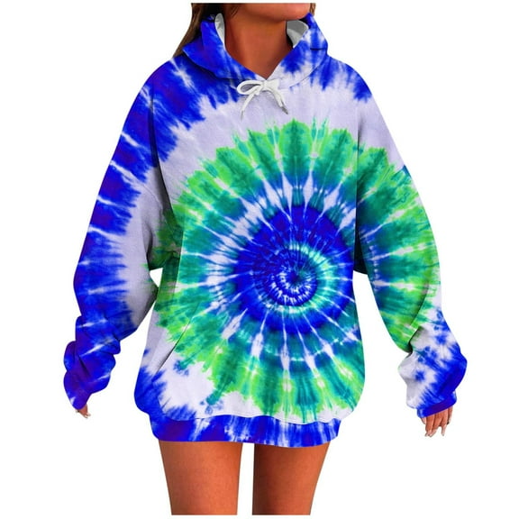 QQAMB Tie Dye Sweatshirts for Women Fall Trendy Drawstring Long Sleeve Hoodies Sweatshirts with Pocket Dark Blue 2XL