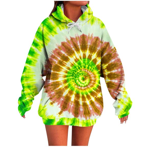 QQAMB Tie Dye Sweatshirts for Women Fall Trendy Drawstring Long Sleeve Hoodies Sweatshirts with Pocket Yellow L