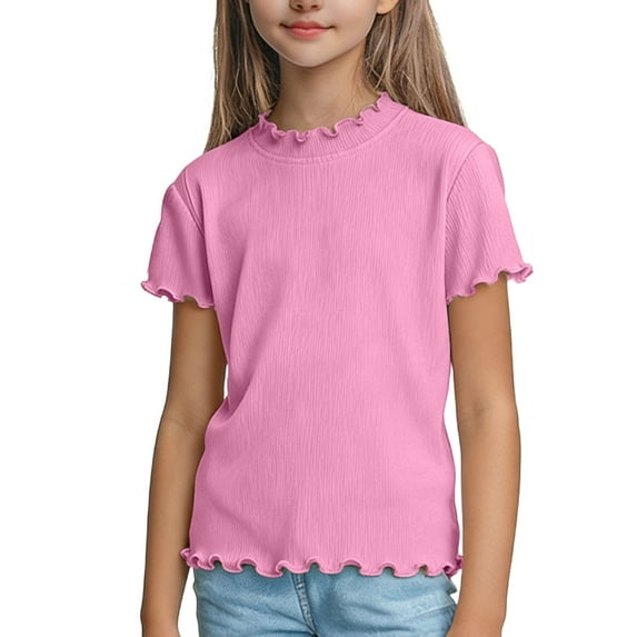 DeHolifer Toddler Baby Girls Summer Lettuce Trim Ribbed Knit Short Sleeve T-Shirts Solid Color Casual Blouse Tops