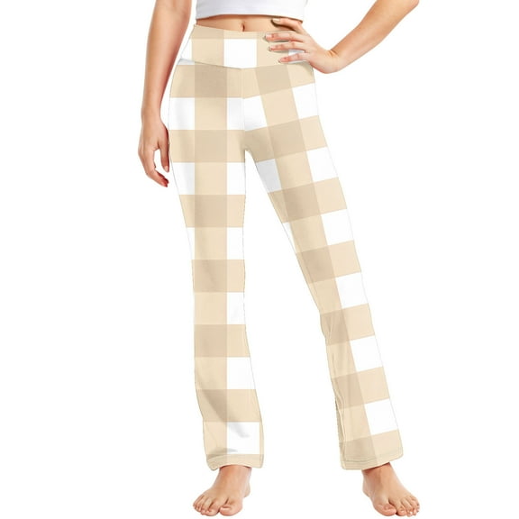 QQAMB Toddler Girls Plaid Printed Straight Leg Yoga Pants Teens High Waisted Comfort Activewear Leggings for Kids