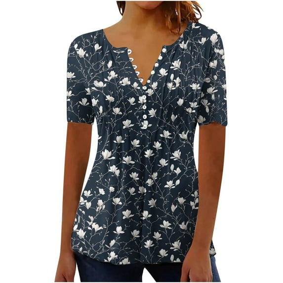 QQAMB Tops for Women Trendy Floral Short Sleeve Button Up V-Neck Tunic Shirts Casual Summer Plus Size Blouses Multicolor XL