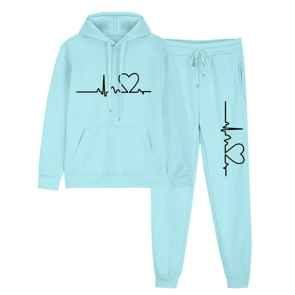 QQAMB Two Piece Sets for Women Loose Funny Heart Printed Track Suits Soft Solid Color Sweatsuits Set with Pockets