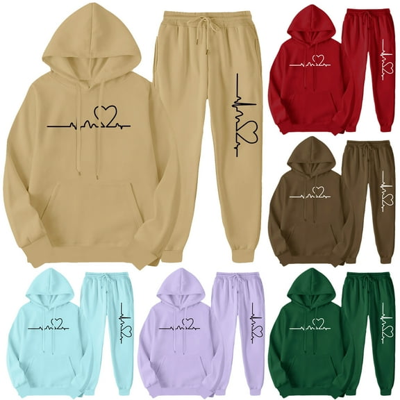 QQAMB Two Piece Sets for Women Loose Funny Heart Printed Track Suits Soft Solid Color Sweatsuits Set with Pockets