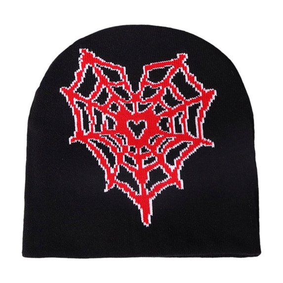 QQAMB Unisex Knitted Beanie Heart Spider Web Patterned Knitted Hats Winter Outdoors Soft Warm Skull Cap